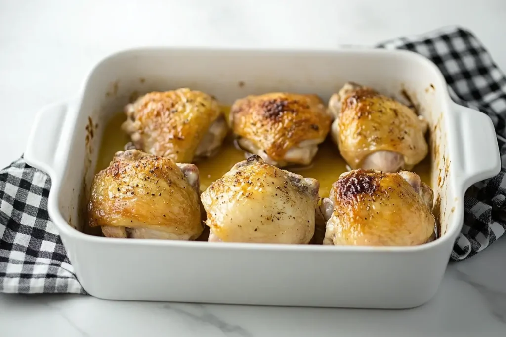 roasted chicken thighs with golden, crispy skin in a white ceramic baking dish, placed on a white marble countertop with a checkered kitchen towel in the background, showcasing a simple and appetizing home-cooked meal.