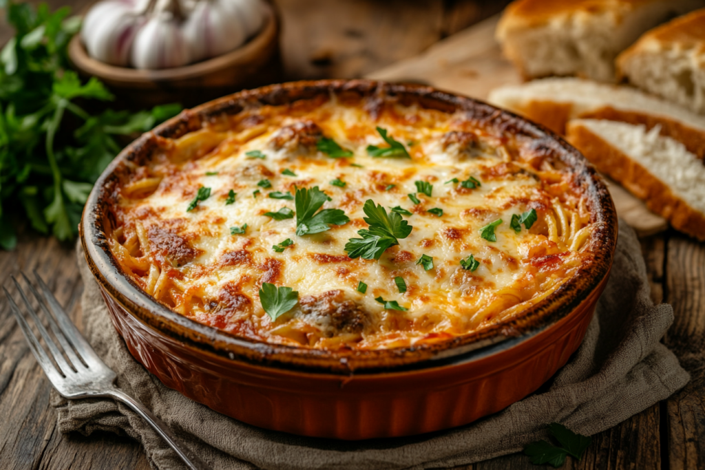 A rustic-style baked spaghetti and meatballs dish topped with melted cheese and fresh parsley, served with bread on a wooden table.