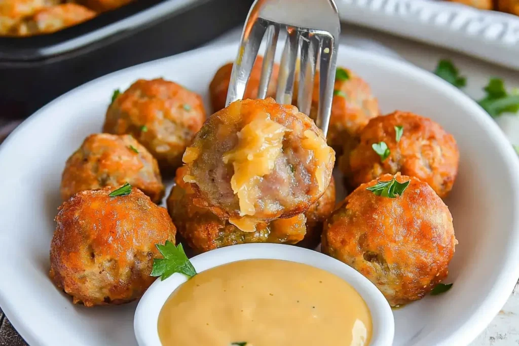 A fork holding a sausage ball with melted cheese, paired with a creamy dipping sauce in a white bowl.