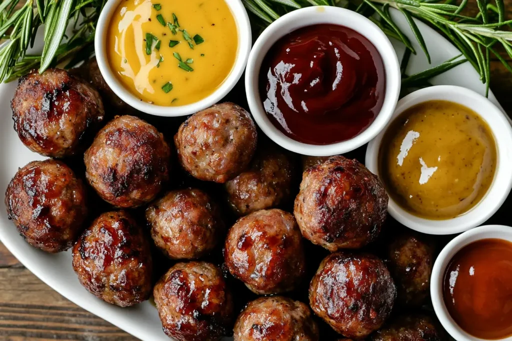 A platter of golden sausage balls served with dipping sauces like honey mustard, barbecue sauce, and ranch for added flavor and moisture.