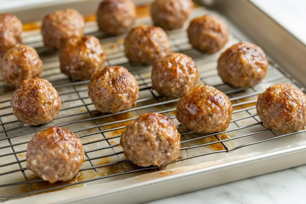 Sausage balls cooking evenly on a metal baking rack placed over a lined baking sheet to avoid burning on the bottom.