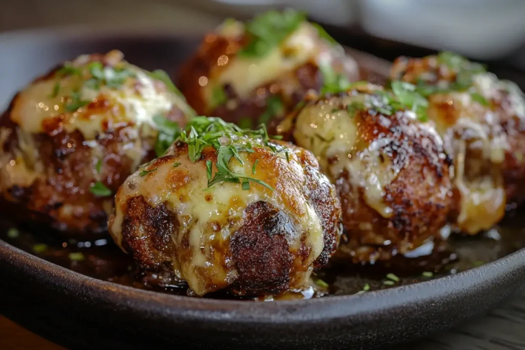 Close-up of sausage balls with melted cheese and garnished herbs, showcasing a crispy exterior and cheesy texture.