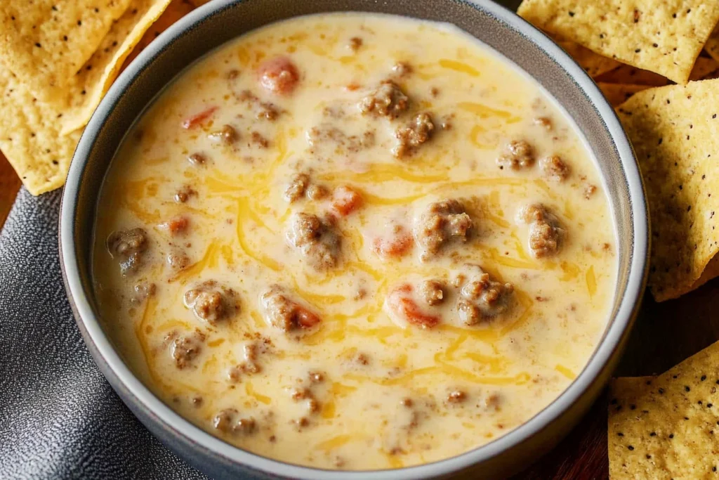 A close-up of creamy sausage cheese dip with melted cheese and chunks of sausage in a bowl, surrounded by tortilla chips, perfect for dipping.