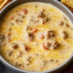 A close-up of creamy sausage cheese dip with melted cheese and chunks of sausage in a bowl, surrounded by tortilla chips, perfect for dipping.