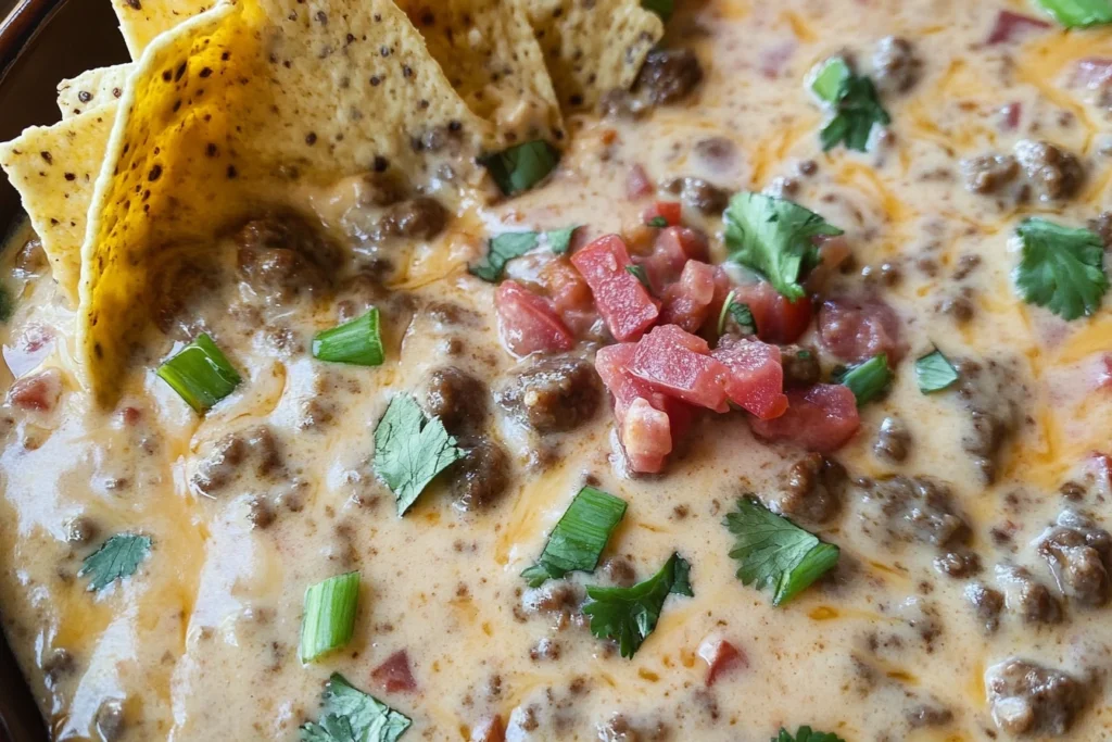 A bowl of sausage cheese dip garnished with diced tomatoes, chopped green onions, and fresh cilantro, with tortilla chips on the side.