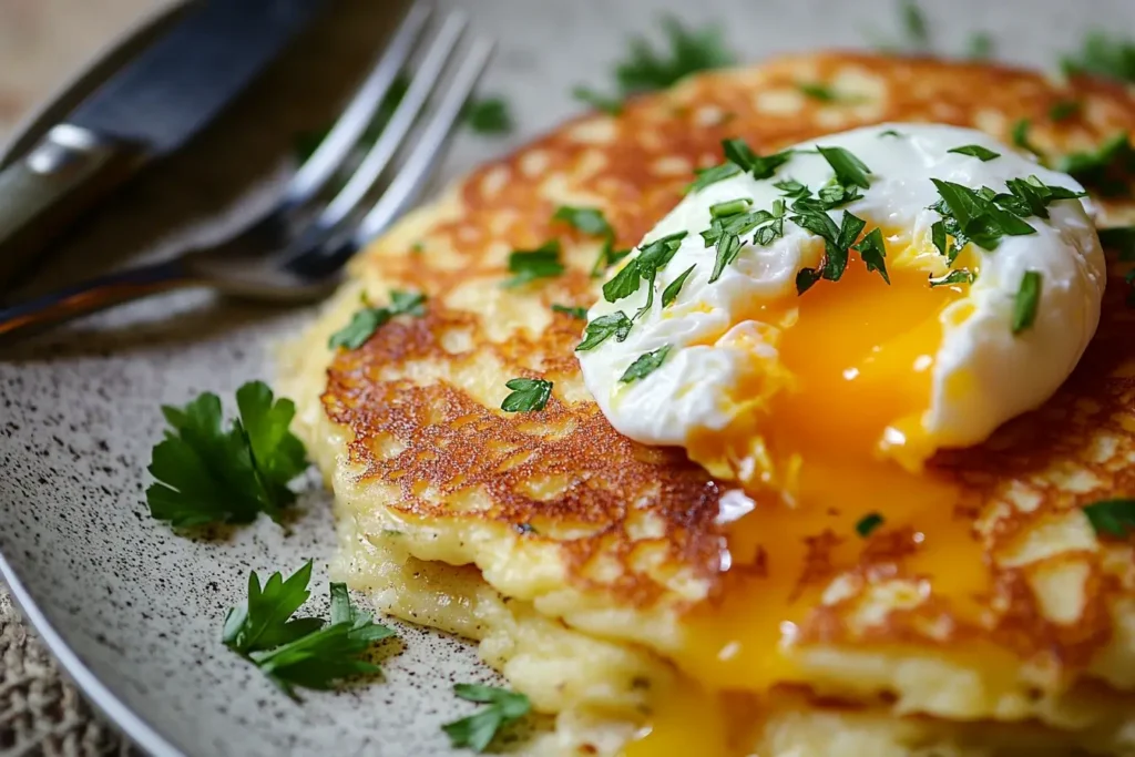 Homemade savory pancakes topped with cheddar cheese, a poached egg, and parsley on a ceramic plate.