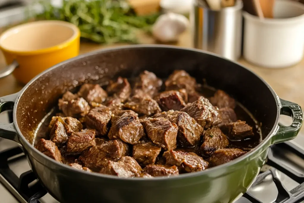 Beef chunks being seared in a Dutch oven on a stovetop, a crucial step in making Hawaiian Beef Stew.