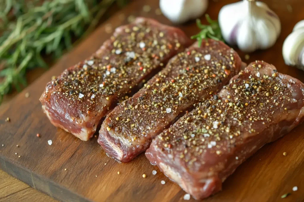 A close-up of raw beef short ribs seasoned with oxtail seasoning spices, displayed on a wooden cutting board with fresh garlic, rosemary, and thyme.