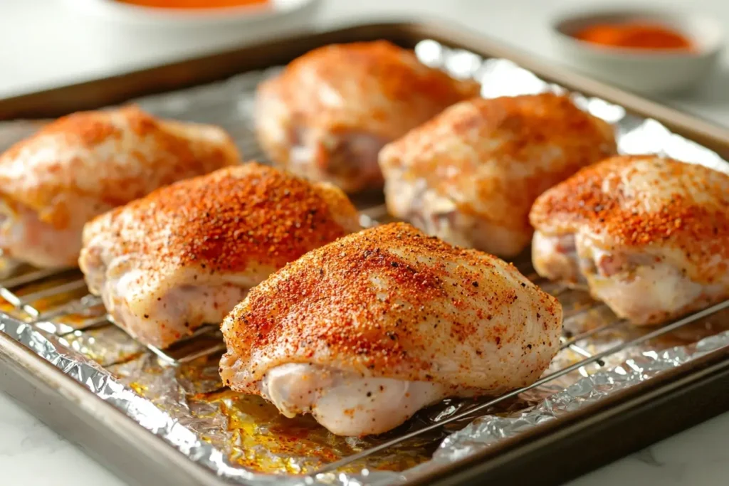 Six seasoned chicken thighs on a wire rack over a foil-lined baking sheet, sprinkled with red spices and black pepper, with a small bowl of seasoning in the background.