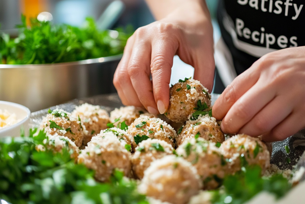 Hands shaping freshly prepared meatballs with breadcrumbs and parsley, showcasing a step in preparing baked spaghetti and meatballs.