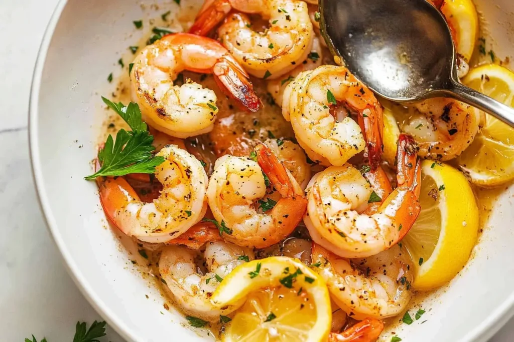 Juicy shrimp sautéed with garlic, butter, and fresh herbs, topped with lemon slices and parsley in a white bowl.