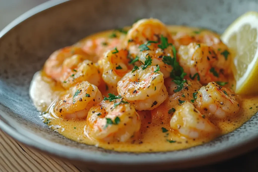 lose-up shot of shrimp cooked in garlic butter sauce, garnished with parsley and served with lemon slices.