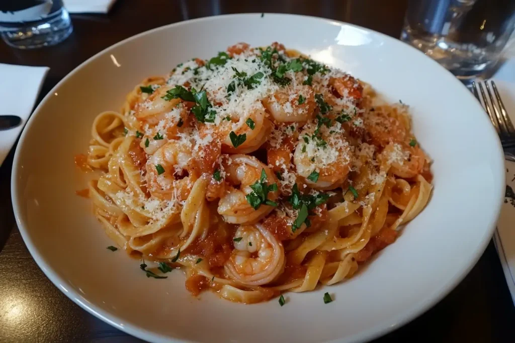 A plate of shrimp scampi pasta with buttery garlic shrimp, linguine, Parmesan cheese, and fresh parsley garnish.