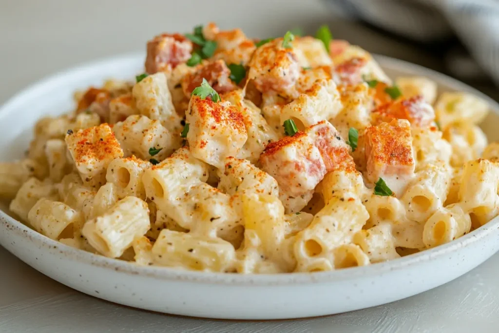 Rustic plate of Cajun Alfredo pasta with creamy sauce, steam rising, and minimal garnishes for a homemade, comforting feel.