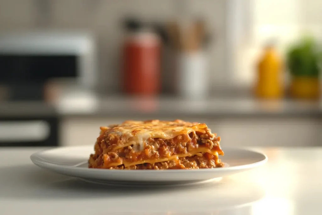 A minimalist presentation of a Mexican lasagna slice with a cheesy top, served on a white plate in a modern kitchen setting.