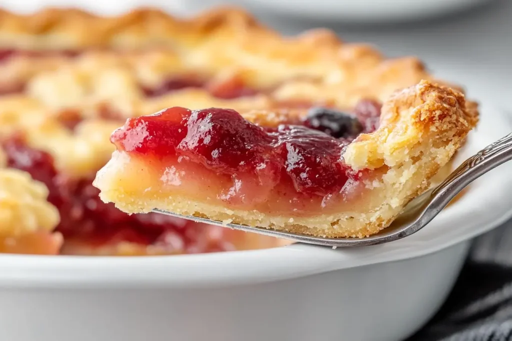 A slice of Crazy Crust Pie with a flaky crust and juicy fruit filling, served on a fork, emphasizing the pie’s texture and rich flavor.