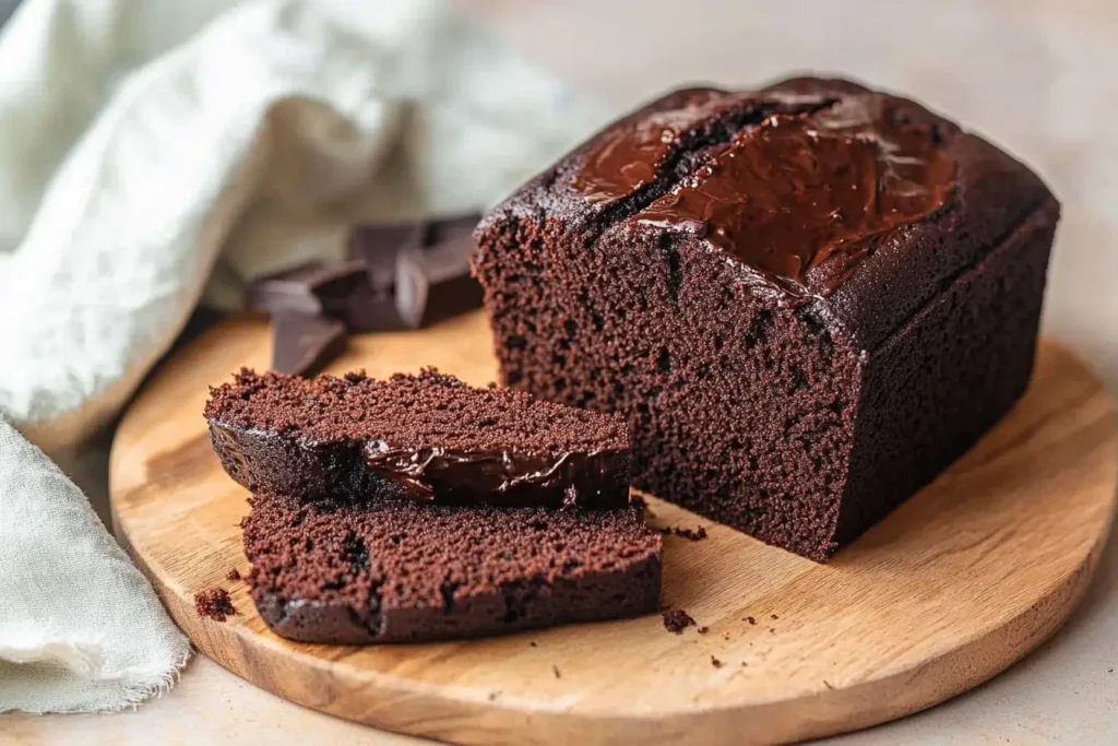 A loaf-style chocolate pound cake sliced to reveal a moist interior with melted chocolate swirls, displayed on a wooden board.