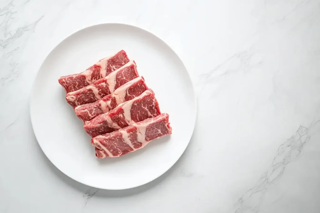 Minimalist presentation of raw beef short ribs arranged neatly on a round white plate, showcasing their marbled texture, placed on a clean white marble surface.