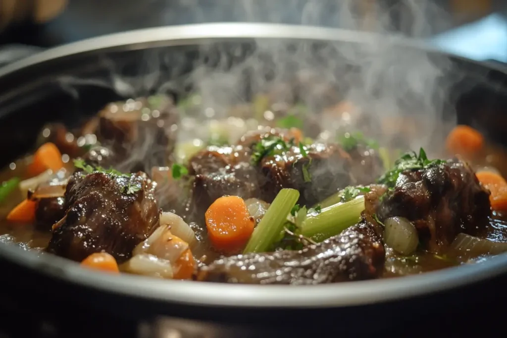 A slow cooker filled with oxtails, short ribs, and vegetables, simmering with aromatic herbs, demonstrating the slow cooking process for tender meat.