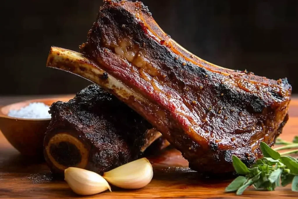 Close-up of perfectly cooked smoked beef short ribs with a crispy, caramelized bark, served on a wooden cutting board with fresh garlic cloves, a bowl of sea salt, and sprigs of fresh herbs. Ideal for barbecue or smoked meat recipes.