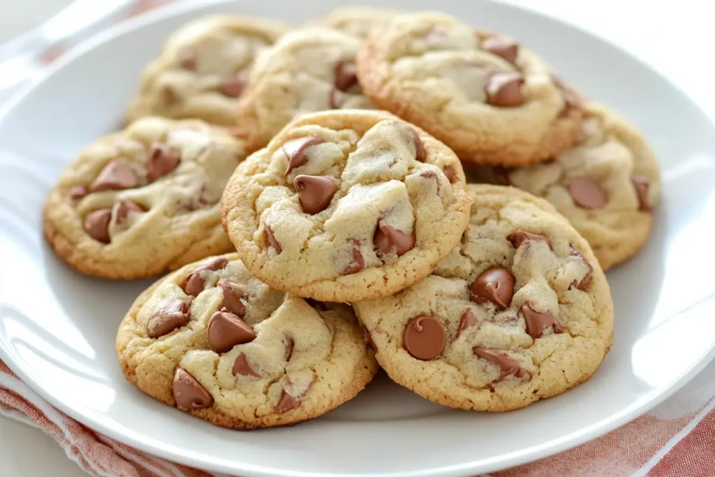 A plate of soft and chewy chocolate chip cookies, loaded with milk chocolate chips, placed on a white plate over a striped napkin for a bright and appetizing presentation.