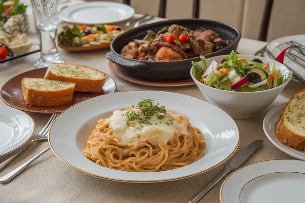 A dinner table featuring a plate of creamy spaghetti, garlic bread, fresh salad, and roasted vegetables, styled for a full-course meal.