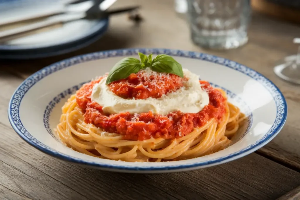 A plate of spaghetti topped with creamy tomato and cream cheese sauce, garnished with fresh basil and Parmesan, served on a rustic wooden table.