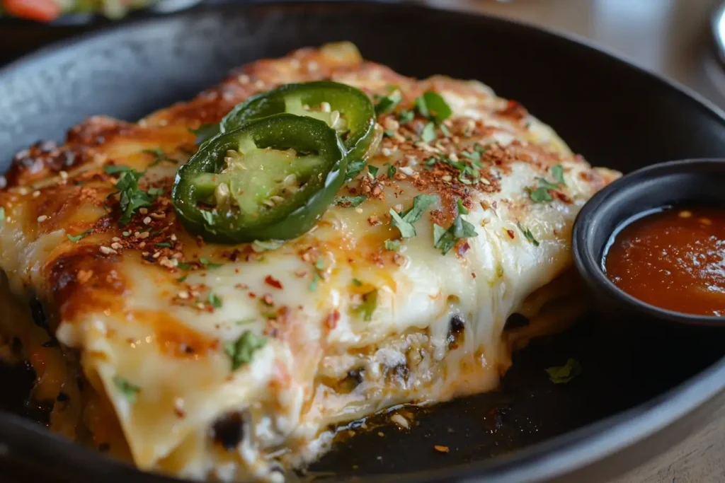 A close-up of Mexican lasagna topped with jalapeño slices, chili flakes, and melted cheese, served in a black dish with a side of salsa.