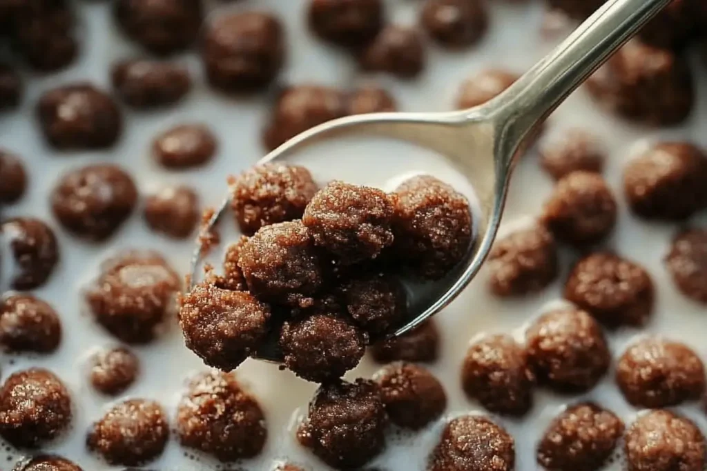 A spoon lifting crunchy chocolate cereal from a bowl filled with milk, highlighting the rich texture and chocolatey coating.