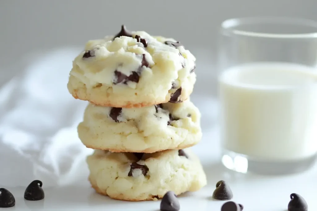 Stack of fluffy Cool Whip chocolate chip cookies with a glass of milk, featuring soft textures and chocolate chips scattered around.