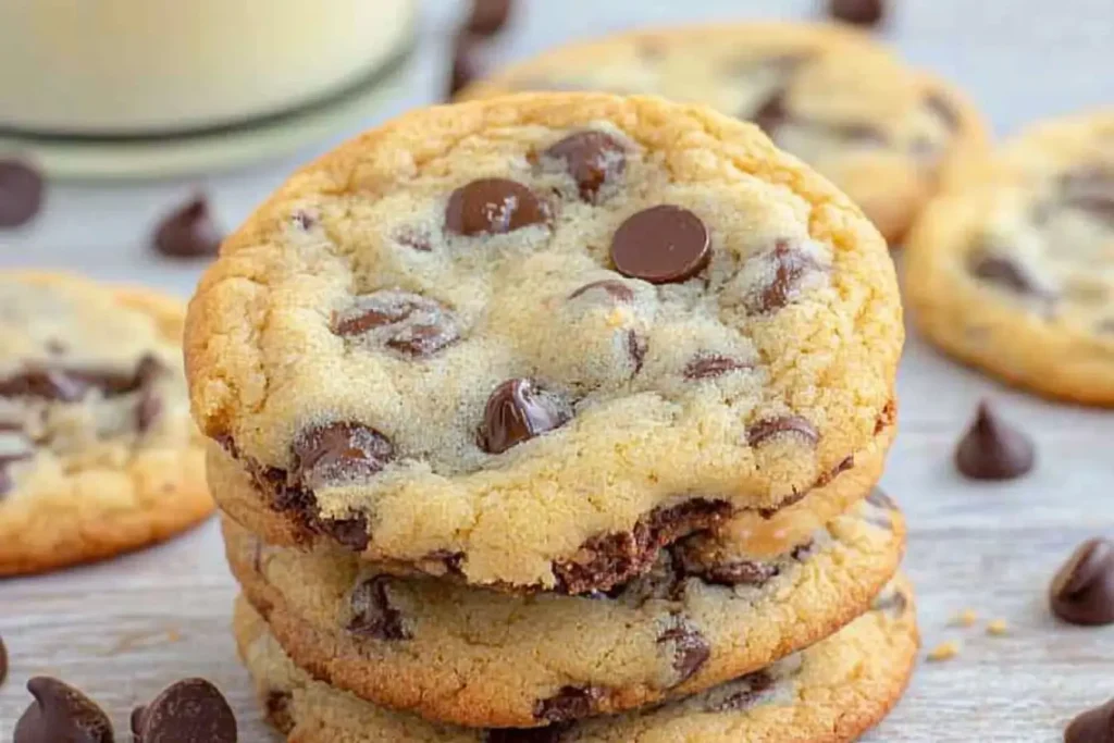 A stack of golden, freshly baked chocolate chip cookies with melted chocolate chips on a wooden surface, made without brown sugar.