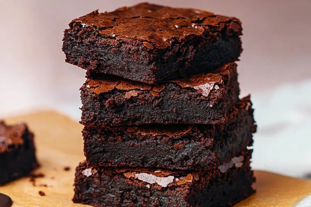 A stack of rich, fudgy chocolate brownies with a cracked top, highlighting their moist, dense texture.