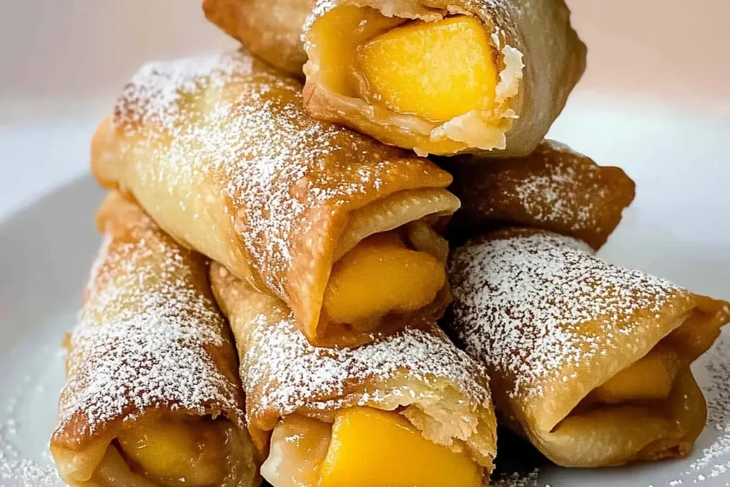 A stack of Peach Cobbler Egg Rolls showing golden, crispy wrappers and fresh peach filling, topped with powdered sugar.