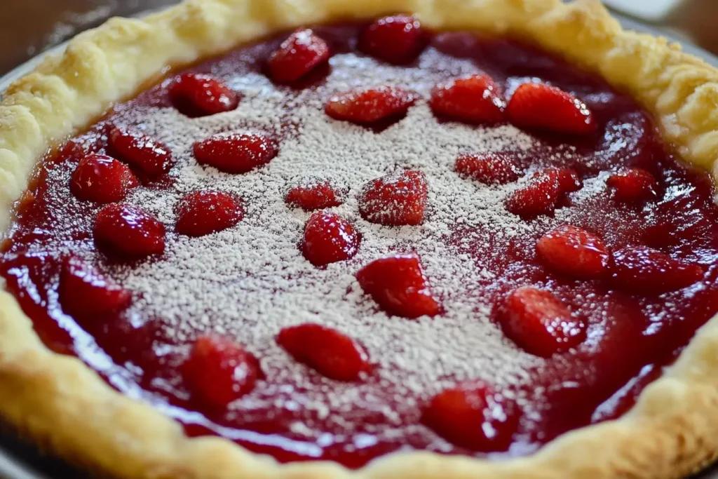 Close-up of a strawberry Crazy Crust Pie topped with powdered sugar and fresh strawberries, showcasing its golden crust and vibrant filling.