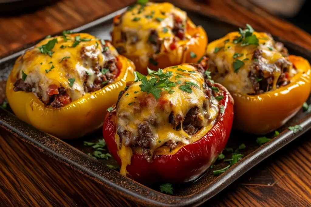 A delicious platter of Philly Cheesesteak Stuffed Peppers with melted cheese and colorful roasted peppers, perfect for a healthy low-carb meal.