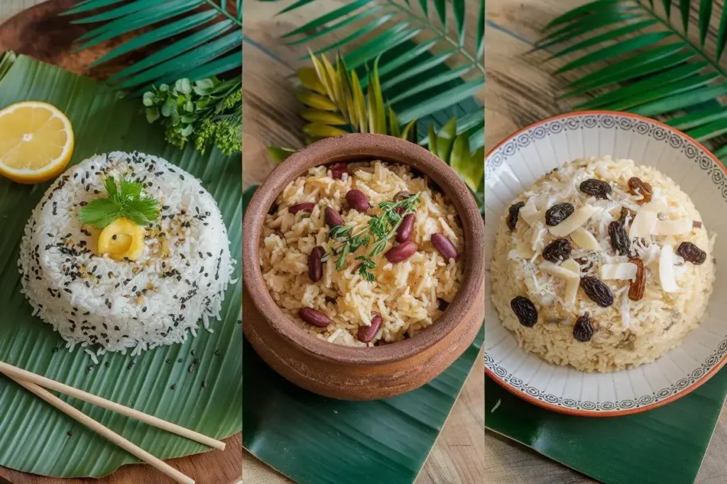 Three variations of coconut rice dishes, including a savory option with sesame seeds and lemon, a spiced version with kidney beans in a clay pot, and a sweet coconut rice topped with raisins and coconut flakes, presented on banana leaves for a tropical and rustic aesthetic.