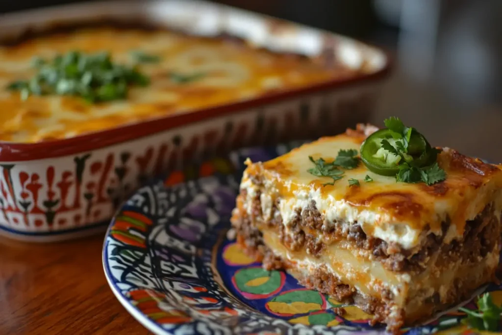 A freshly baked taco lasagna with golden melted cheese, garnished with cilantro and jalapeños, served in a baking dish with a slice on a colorful Mexican plate.