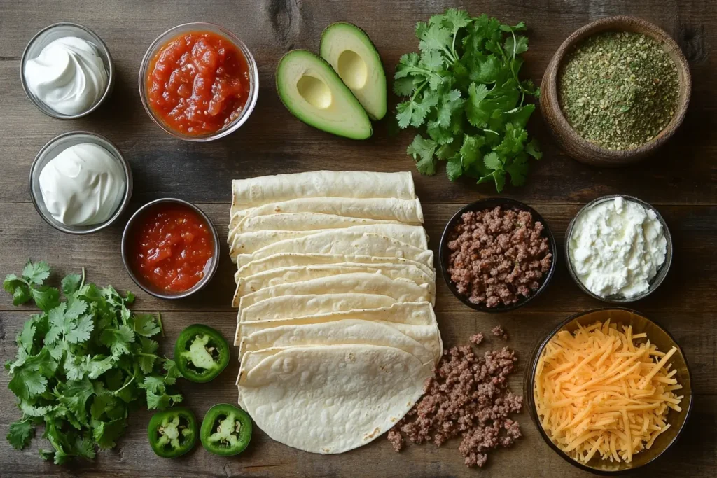 Ingredients for taco lasagna, including tortillas, ground beef, shredded cheese, salsa, and toppings like jalapeños and avocado, displayed on a rustic wooden table.