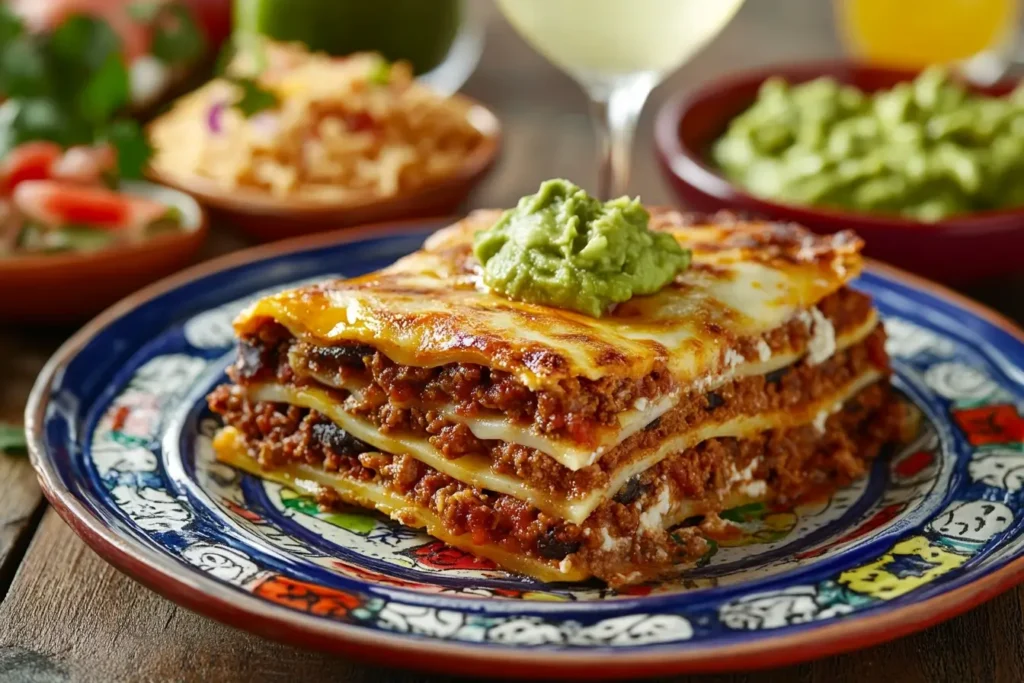 A slice of taco lasagna served with Mexican rice, guacamole, and a margarita, styled in a festive and colorful setting.