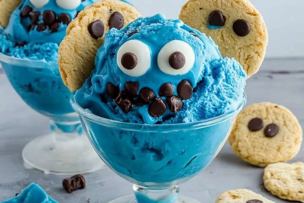 Fun-themed Cookie Monster ice cream with edible eyes and cookies resembling the beloved Sesame Street character.