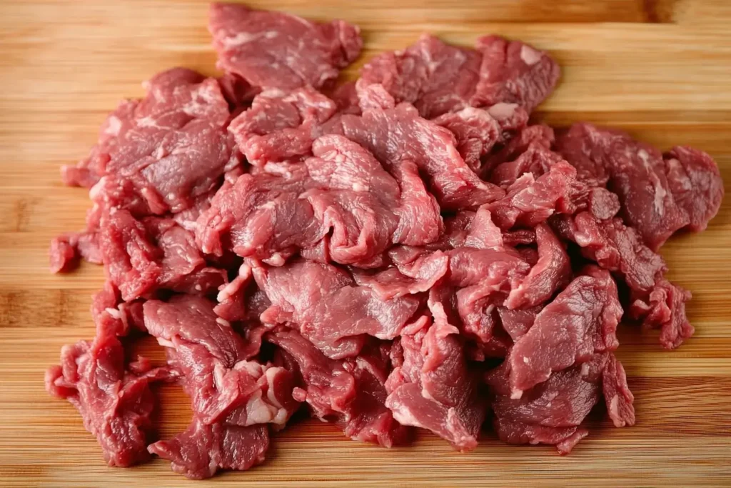 Thinly sliced raw beef laid out on a wooden cutting board, ready for cooking in a Philly cheesesteak recipe.