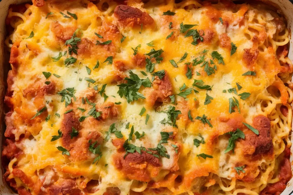 A top-down view of a baked spaghetti dish with a golden cheese crust, garnished with parsley, served in a baking dish.