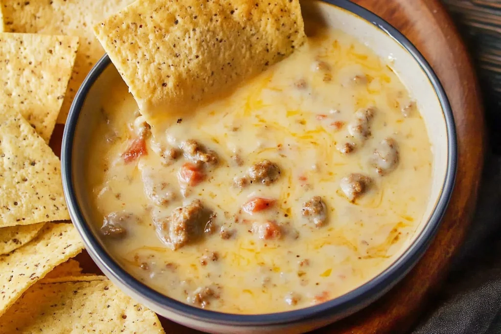 A tortilla chip dipped into a creamy sausage cheese dip in a bowl, with additional chips scattered around on a wooden platter.