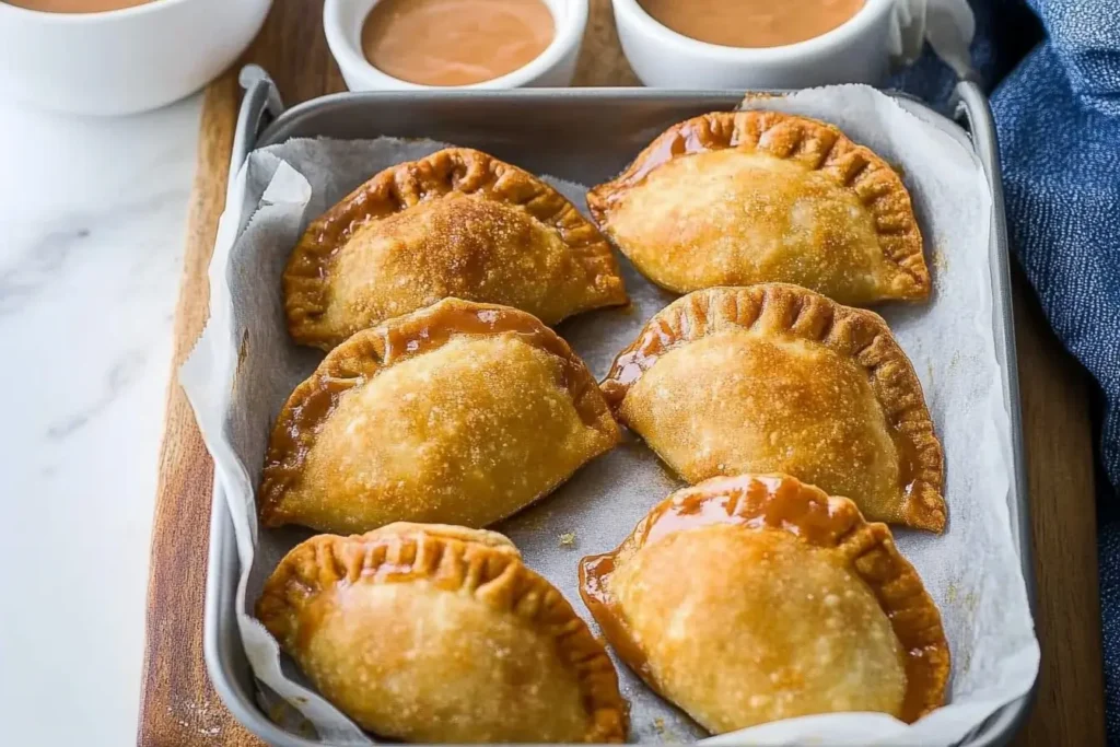 A tray filled with caramel apple empanadas, served on parchment paper with small bowls of caramel sauce for dipping.