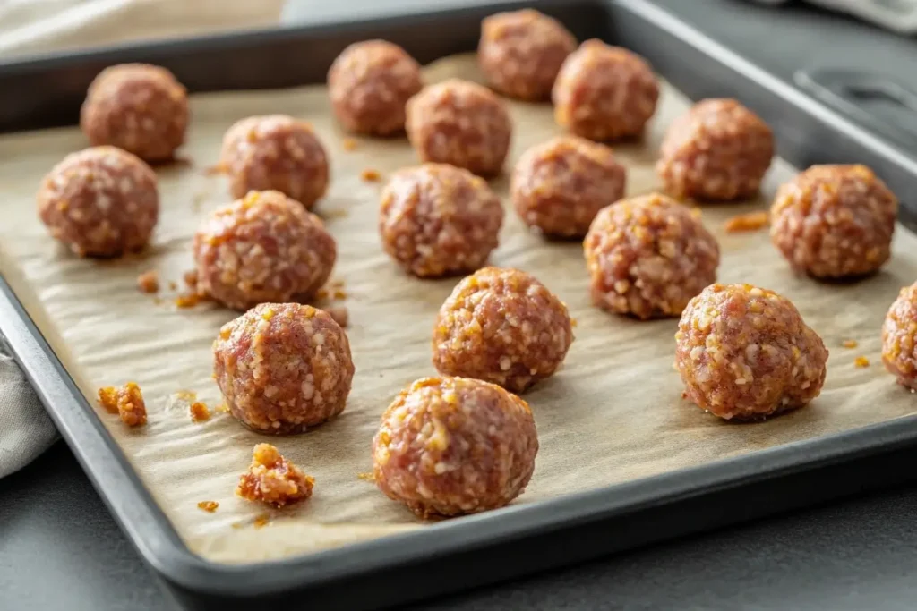 Uncooked sausage balls arranged neatly on a parchment-lined baking tray, showing their preparation before baking.