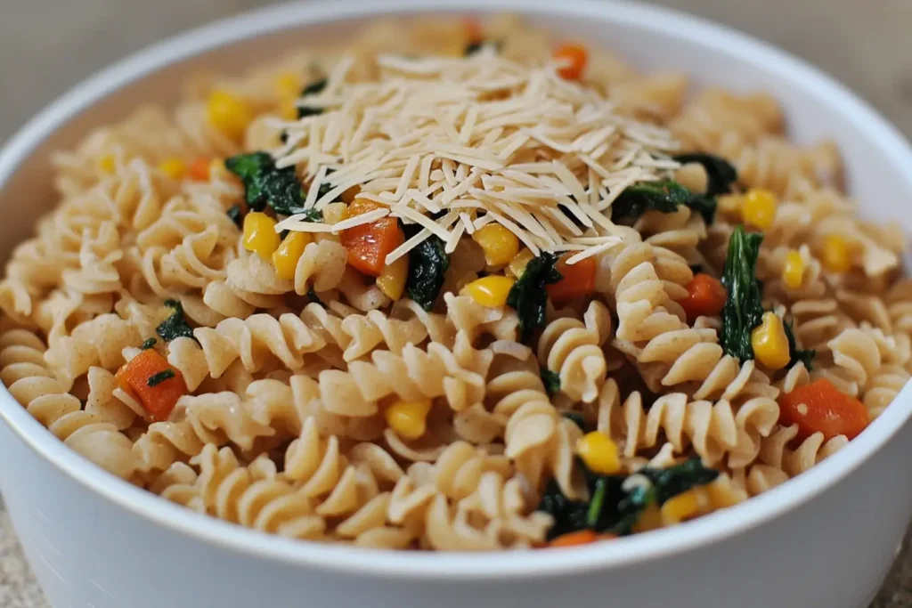 A bowl of brown rice pasta with sautéed vegetables like spinach, corn, and carrots, topped with grated cheese, highlighting a nutritious gluten-free meal.