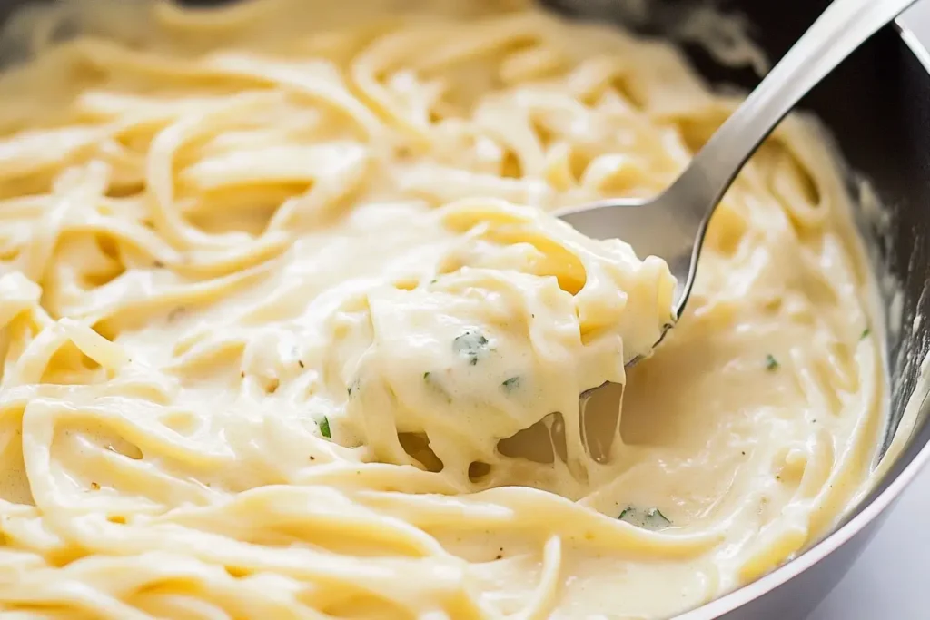 A fork lifting creamy pasta coated with Alfredo sauce, emphasizing the sauce's rich texture and smooth coating on the noodles.