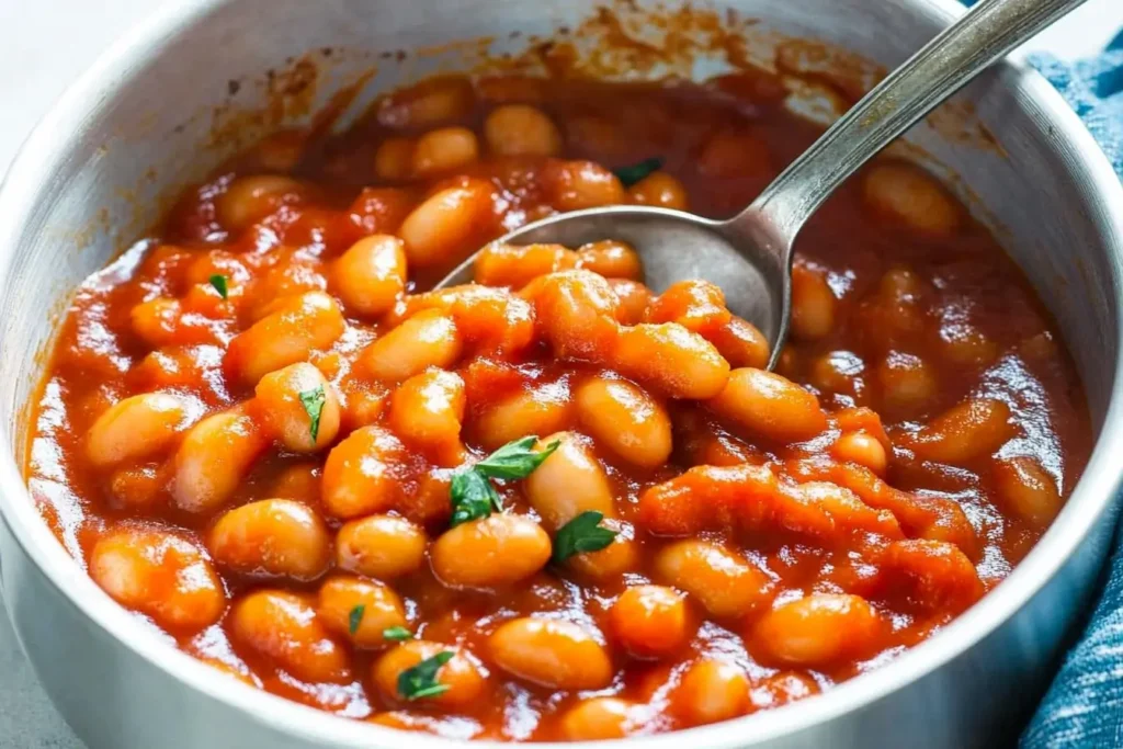 Close-up of baked beans in a rich tomato sauce garnished with fresh herbs in a stainless steel pot.