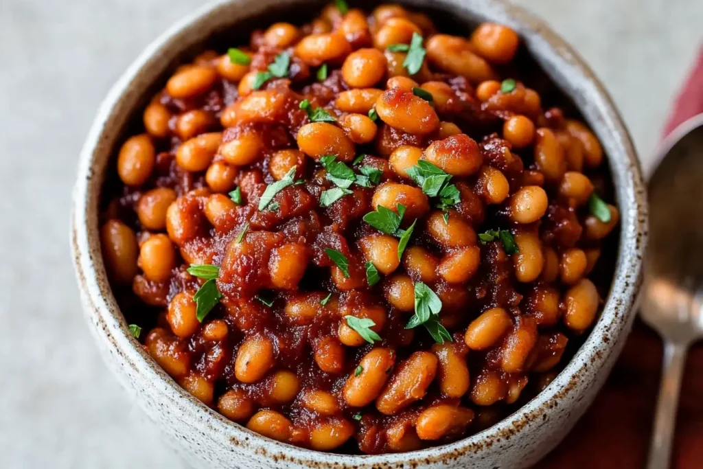 Baked beans topped with fresh parsley served in a ceramic bowl, ideal for a wholesome meal.