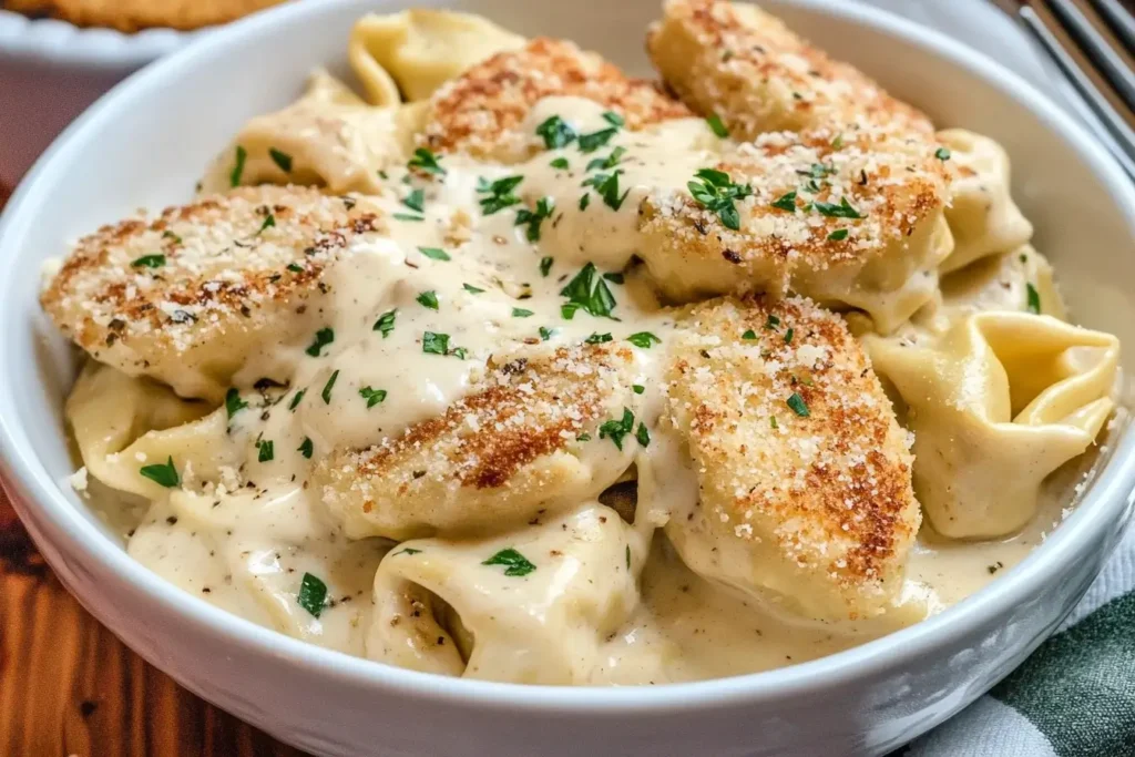 Chicken Tortelloni Alfredo topped with crispy breaded chicken pieces and creamy Alfredo sauce, garnished with parsley in a white dish.